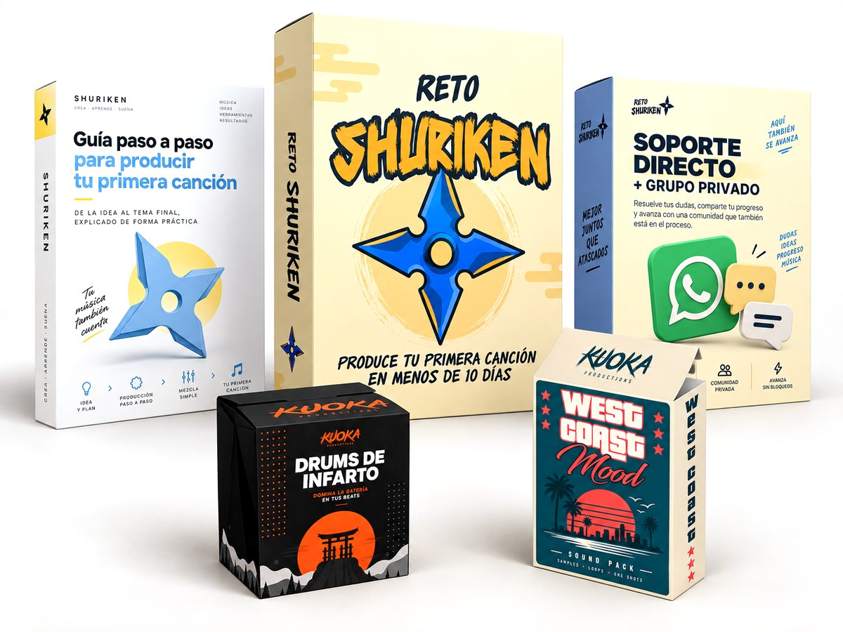 Las cinco piezas del Reto Shuriken: el reto, el soporte con grupo privado, la guía paso a paso, Drums de Infarto y West Coast Mood